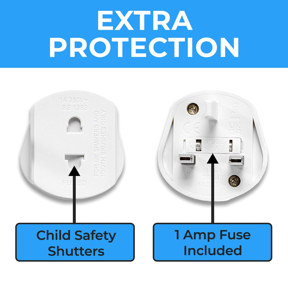 Double Dragon 2-Pack UK Electric Toothbrush & Shaver Plug Adapter | 2-Pin to 3-Pin Bathroom Converter | Supports UK EU Round & US Flat 2-Pin Plugs | 1A Fused | Compatible with Oral-B, Braun, Philips