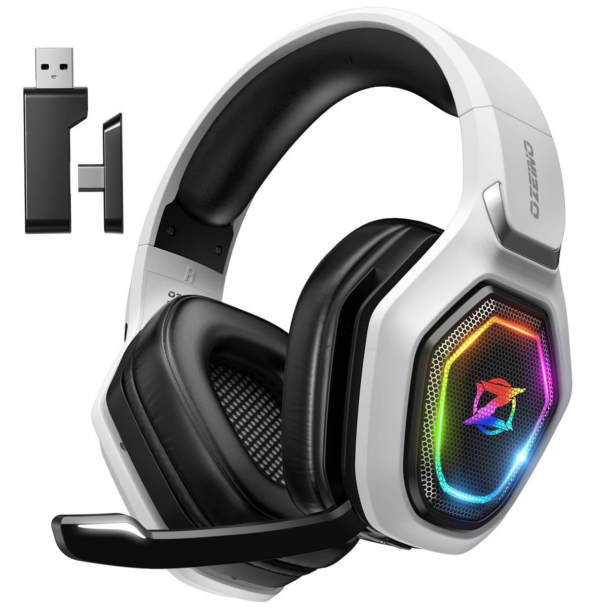 Ozeino Wireless Gaming Headset with Microphone, 2.4G & Type C Transmitter - 40h Battery Life - RGB Lighting Gaming Headphones for Ps5, Ps4, PC, Switch, Phone (Pink)