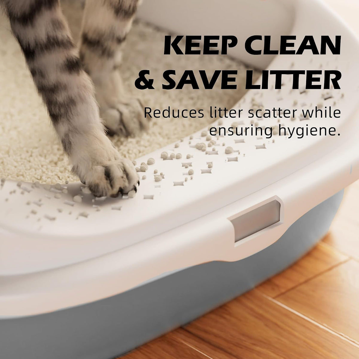 Cat Litter Tray Box, Litter Box, Plastic Cat Open Top Litter Tray with Free Scoop Kitten Detachable Rim Easy Cleaning,49 x 38 x 23cm (Grey)