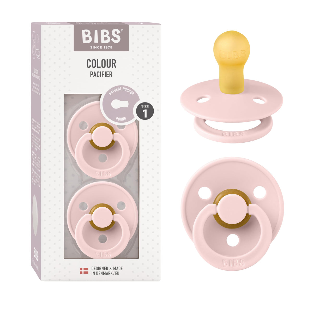 BIBS Colour Soother 2-Pack, BPA Free Dummy Pacifier, Round Nipple. Natural Rubber Latex, Made in Denmark, Size 2 (6-18 Months), Baby Blue