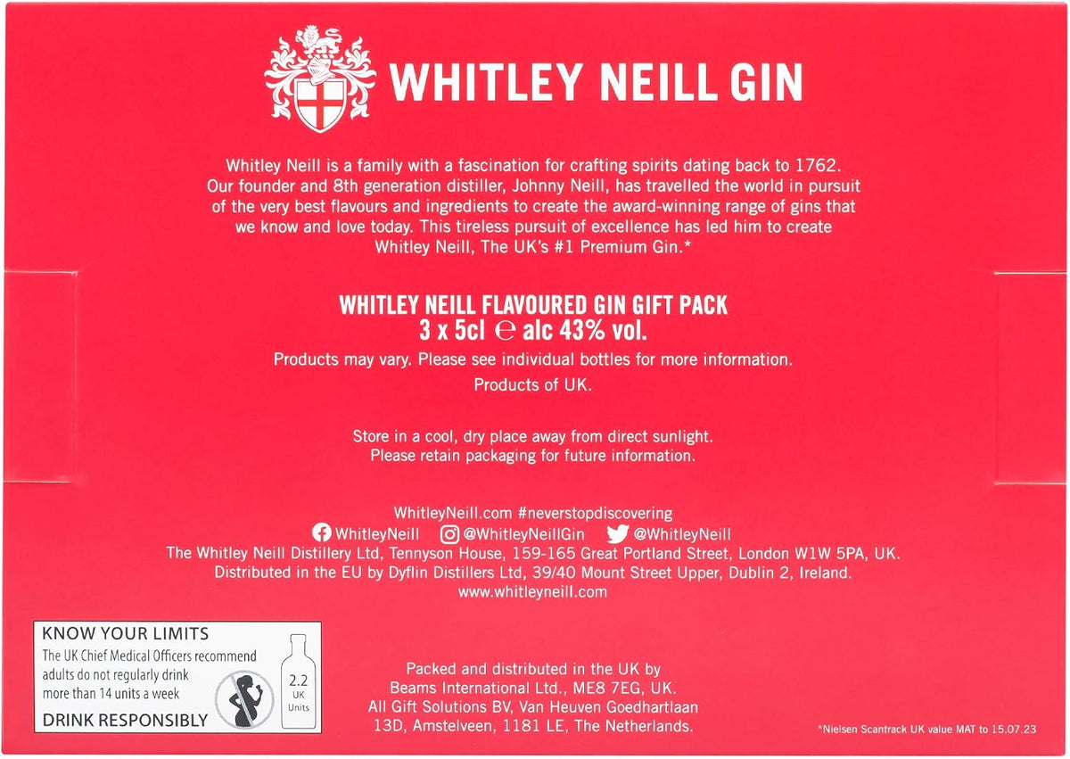 Whitley Neill Gin Gift Set, Blood Orange, Raspberry, Rhubarb, 3 x 5 cl