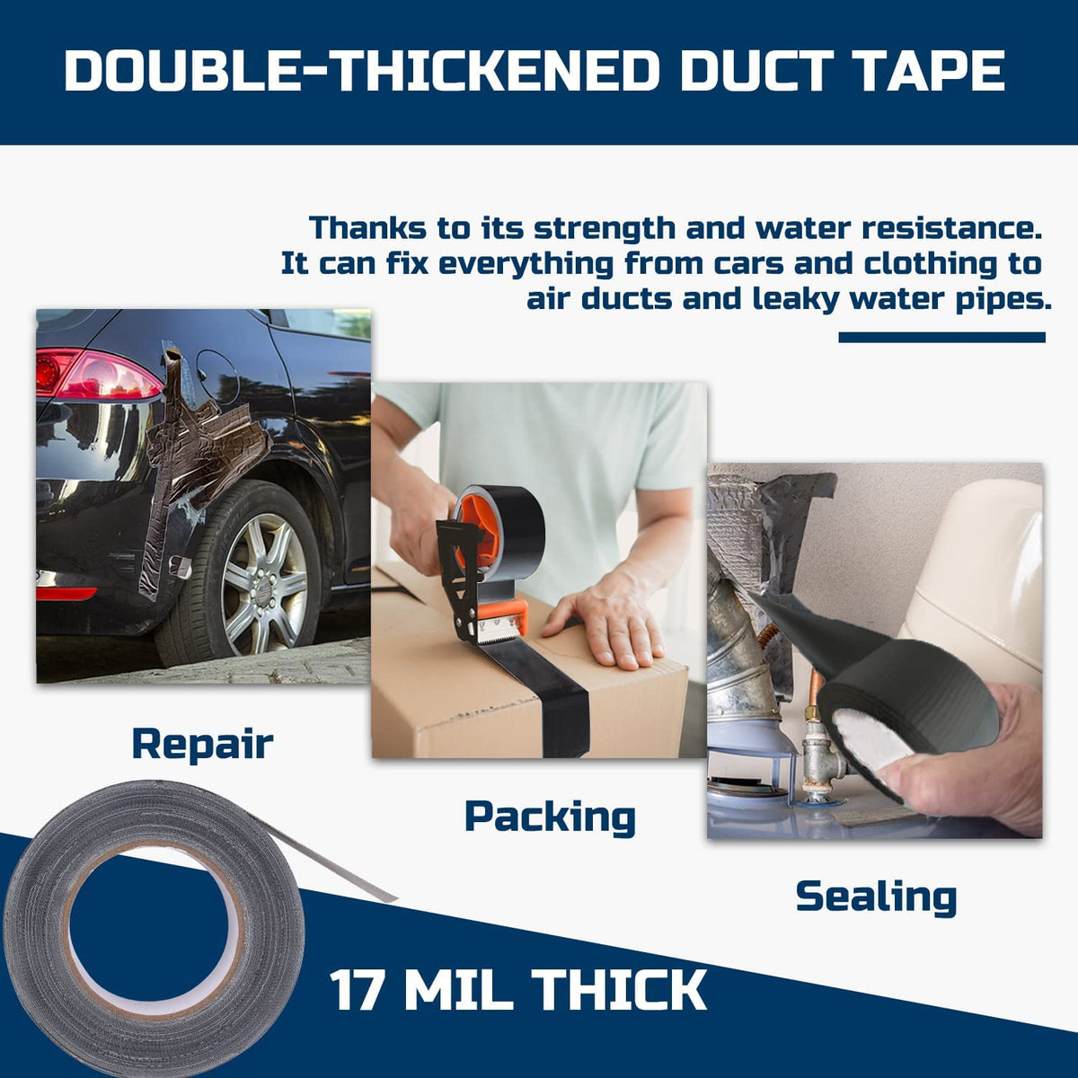 Gaffer Tape Black- 48mm x 45m (Pack of 3) - Strong Duct Tape Heavy Duty Adhesive Cloth Tape, Super Sticky And Waterproof Gaffa Tape