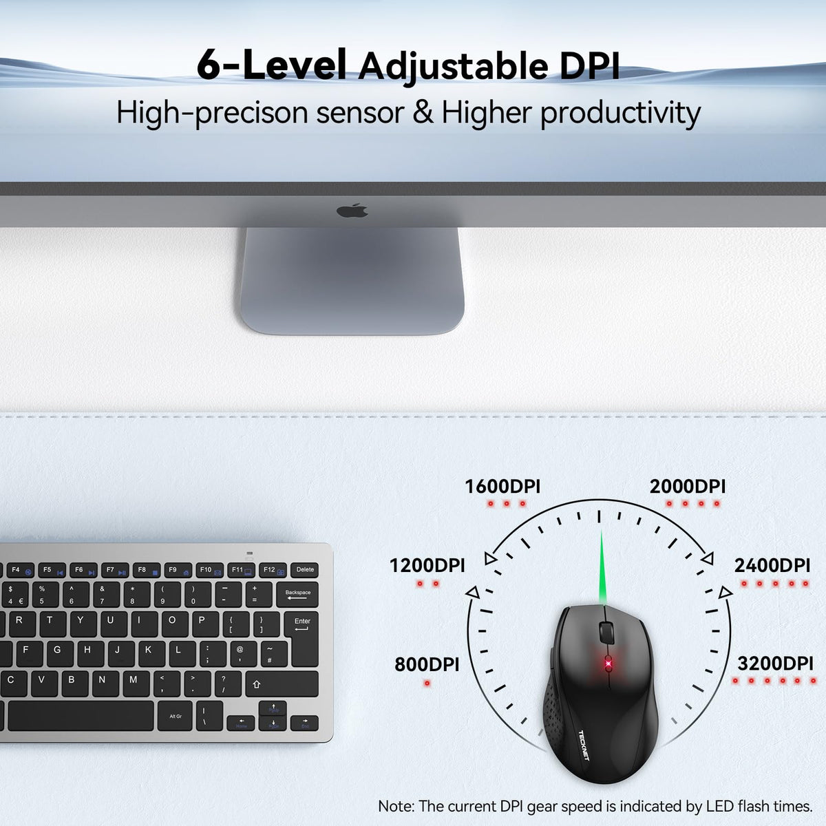 TECKNET Wireless Mouse for Laptop, 4800 DPI Optical Computer Mice with 6 Adjustable Levels, 30 Months Long Battery Life 2.4G Cordless USB Silent Mouse for Notebook, PC, Office Home Work -Grey