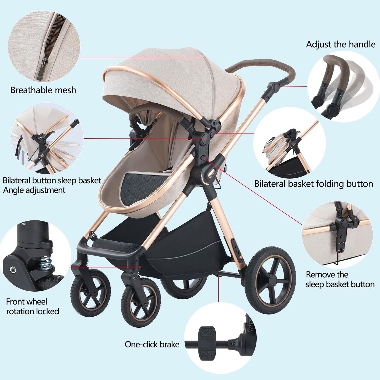 BEBBY Stroller 3-in-1 Baby 3 in 1 with Seat with Foldable Aluminium Frame, Compact Stroller with Adjustable Armrests, Combined Strollers,High Landscape Travel Pushchair (gen-H9-PINK, H9)