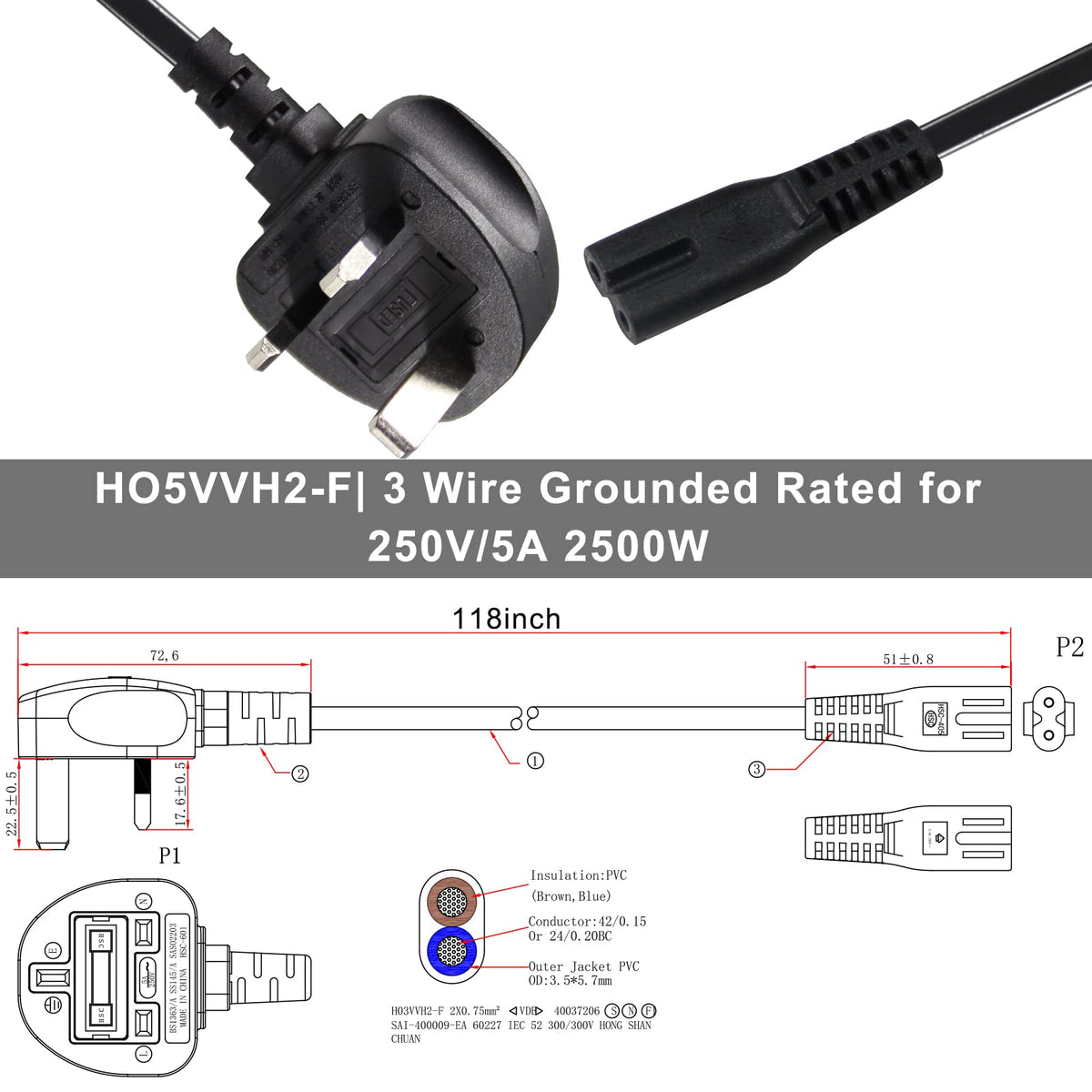power 5M UK 3PIN Plug to IEC C7 Figure 8 Replacement Mains Cable Compatible with PS5, Xbox Series X, tv, Samsung, LG, Sony