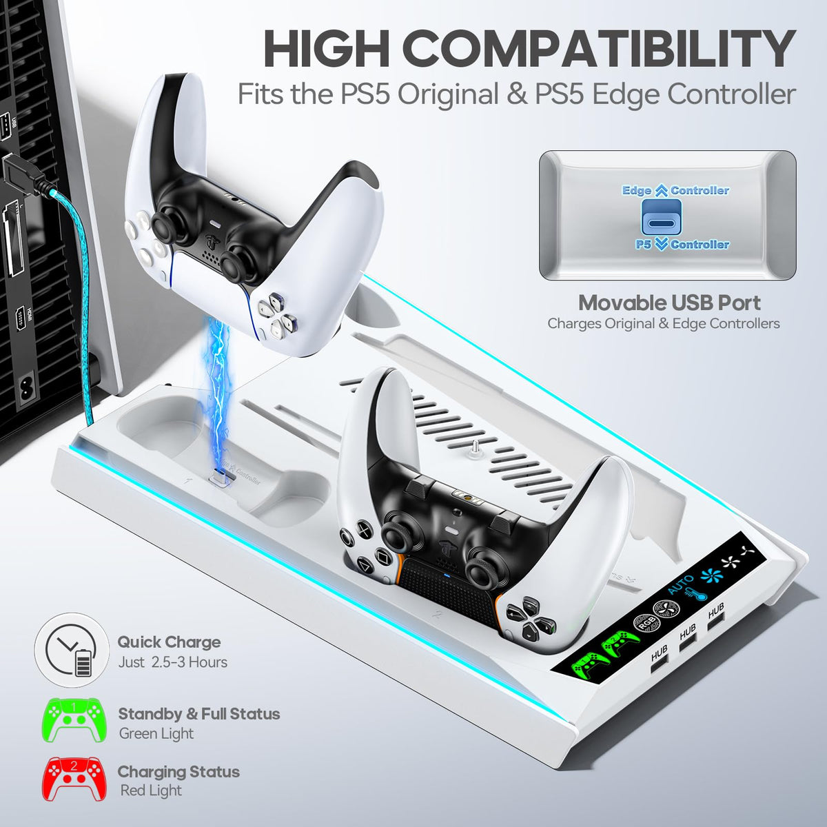Rysker PS5/Slim/Pro Stand, PS5 Cooling Station Built-in 3-Level Cooling Fan & Fast Charger for Disc & Digital, PS 5 Accessories with Safety Screw and Headset Holder
