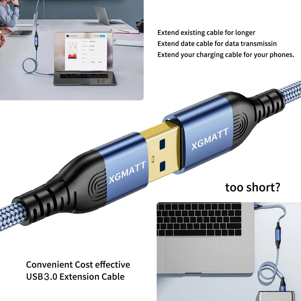 USB Extension Cable 2M 2Pack USB 3.0 Extender Male to Female Blue