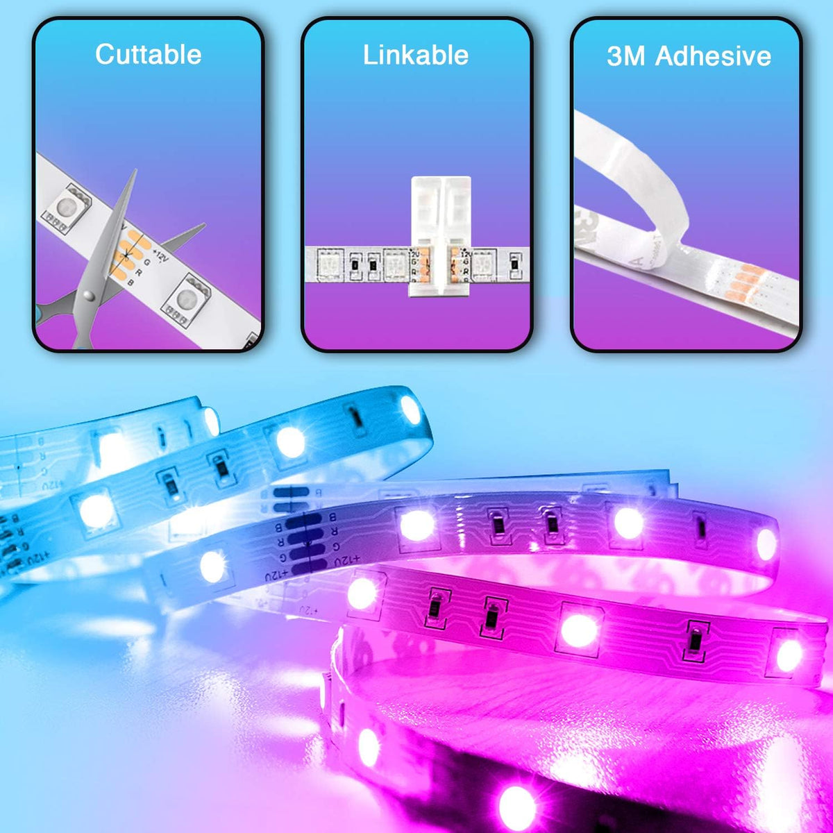 phopollo 5m RGB LED Strip Lights with Remote for Bedroom, Party.24V 5050 RGB, 44-Key Remote, Flexible Adhesive, Bedroom/Party Use