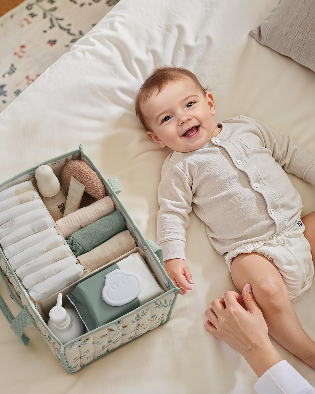 Blissful Diary Nappy Caddy Organiser, Baby Diaper Caddy for Nappy Station, Stylish Storage Basket for Newborn Essentials, Baby Shower Gifts for Girl or Boy, Woodland Cream