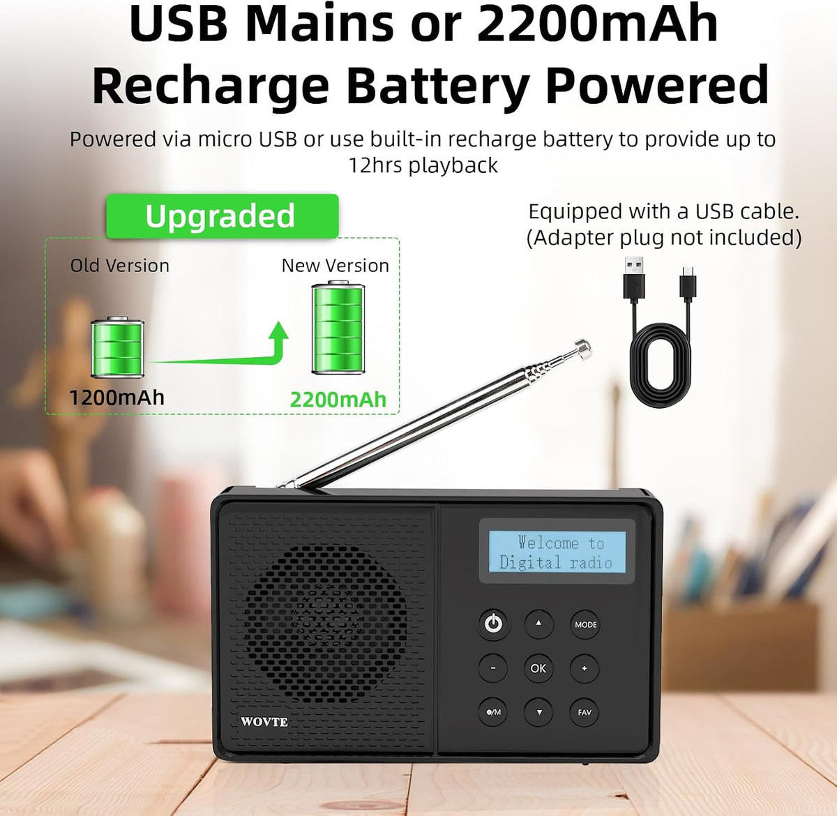 DAB Radio Portable, WOVTE DAB+ Digital Radio Rechargeable FM Radio
