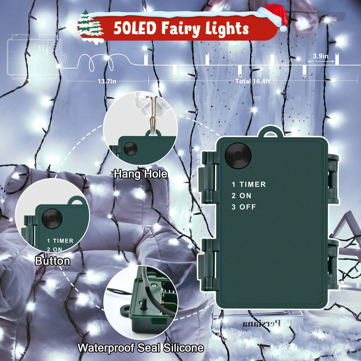 Gcstnn Battery Fairy Lights, 3M/9.8Ft 30LED Battery Powered Fairy Lights Indoor Outdoor with 6h Timer Waterproof String Lights On Green Cable,for Bedroom Christmas Tree Decorations,Garden-Cool White