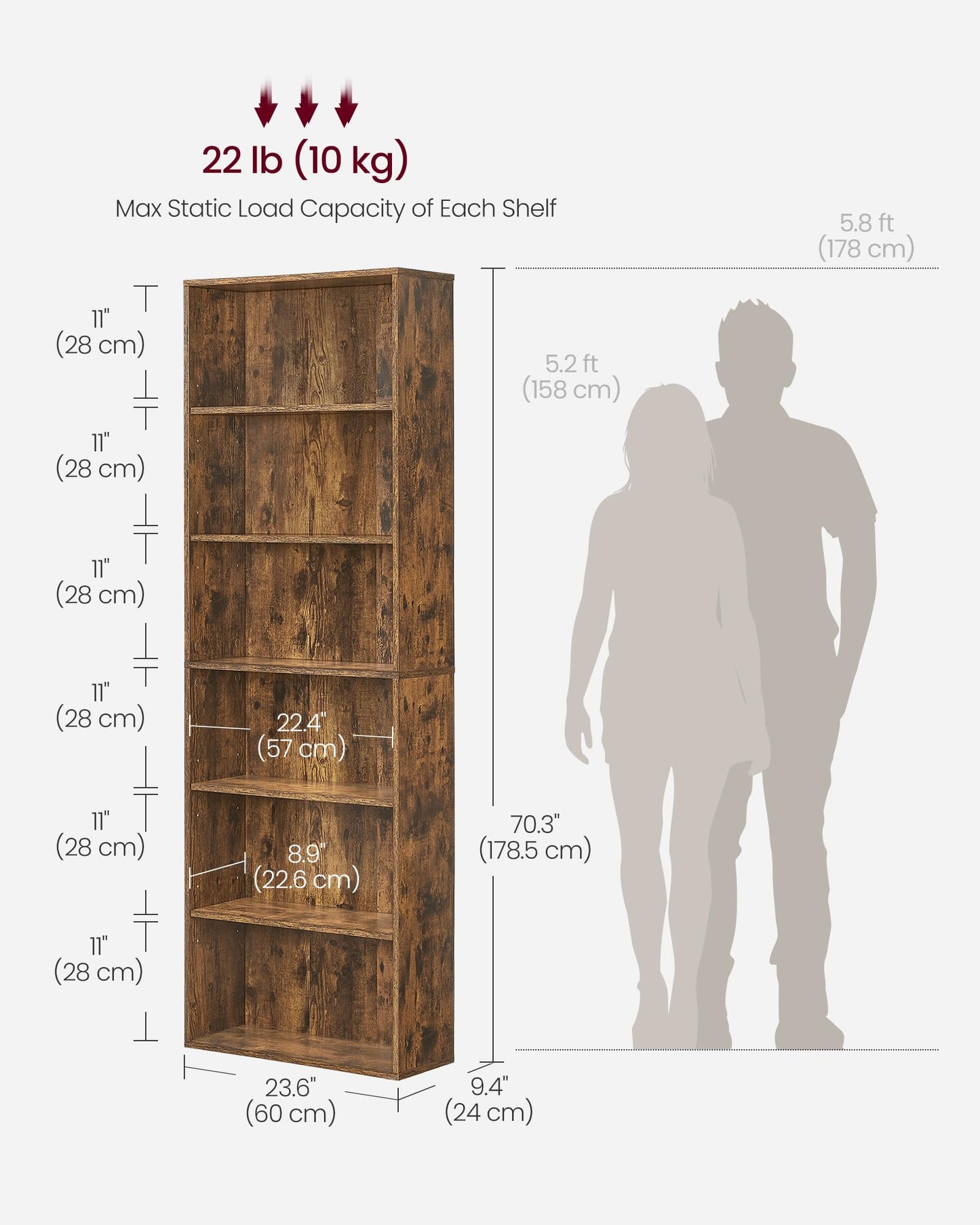 VASAGLE Bookcase, 6-Tier Bookshelf, Open Storage Shelf, Shelving Unit, 24 x 60 x 178.5 cm, for Living Room, Home Office, Dinning Room, Cloud White LBC169T14