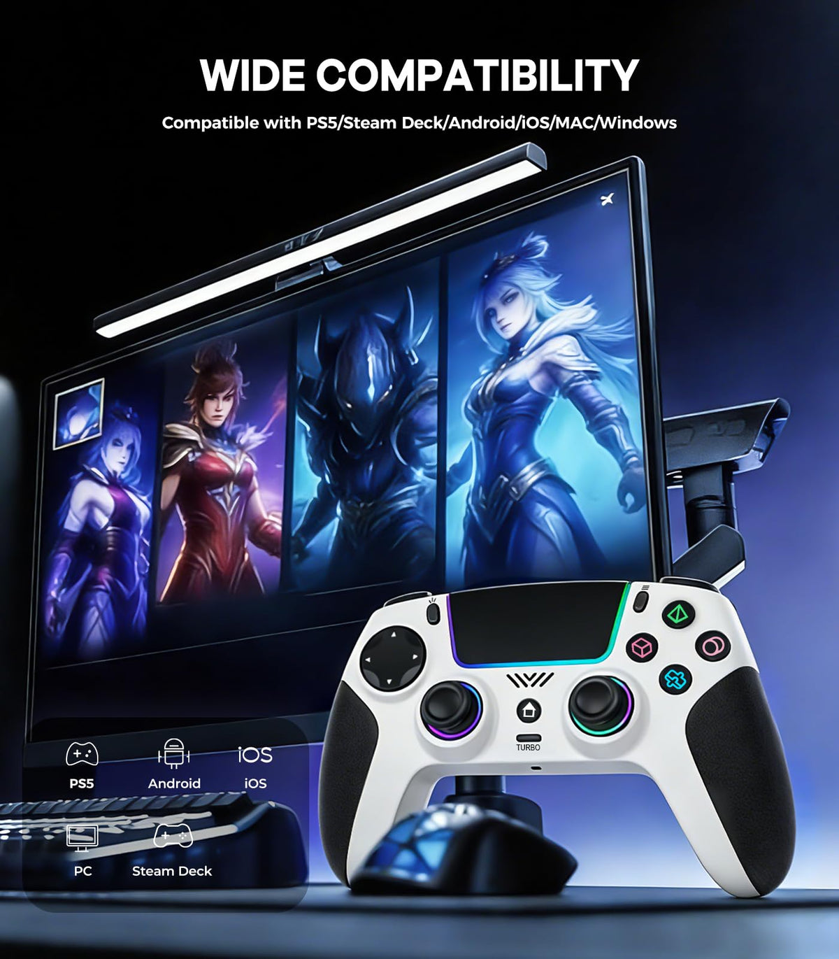 SFGSUP Wireless Pro Controller for PS5, PC, Mac, Steam Deck, Blue-White