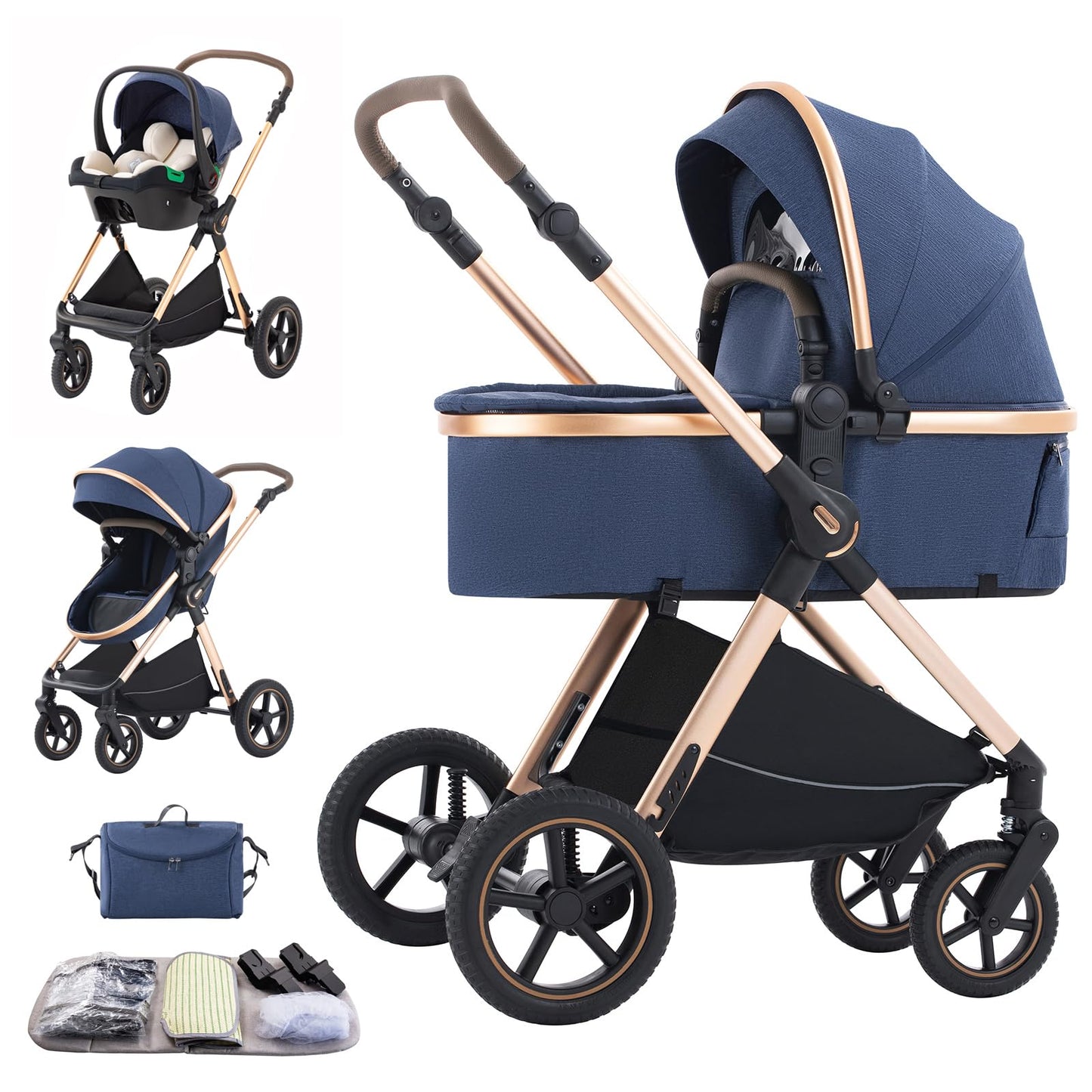 3 in 1 Baby Stroller with Height Adjustable Handle,3 in 1 Prams Travel System, Lightweight Foldable Pushchair, Prams with Aluminum Frame for Portable Baby Carriage (D2 Pink, H2-D)