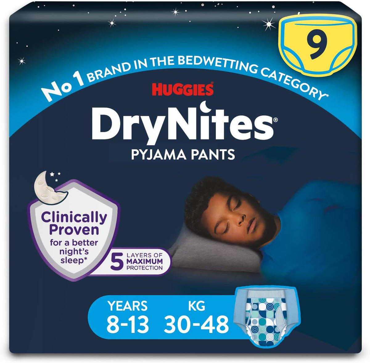Huggies DryNites Pyjama Pants, Boys 8-13 Years (30-48KG), Up to 100% Leak Free Nights, Bedwetting Pants, 9 Count