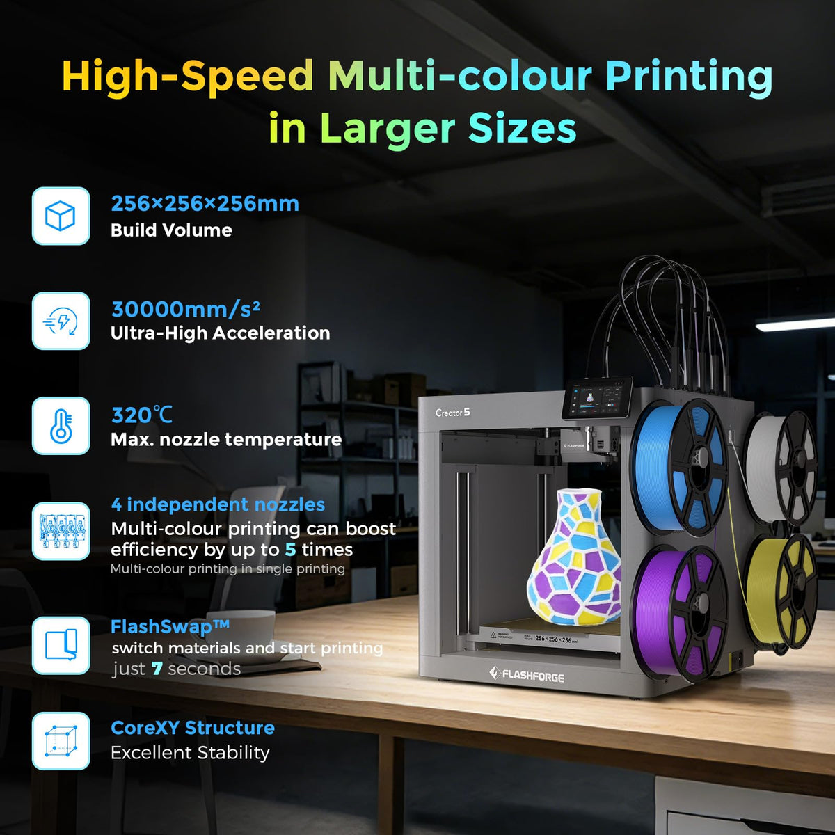 Flashforge Adventurer 5X 3D Printer with Multi-Color Printing,Customize with IFS,AD5X Multi-Material/Full-auto leveling 3D Printer,Max Speed: 600mm/s,Auto 4kg Filament Refill,Compact Integrated Design