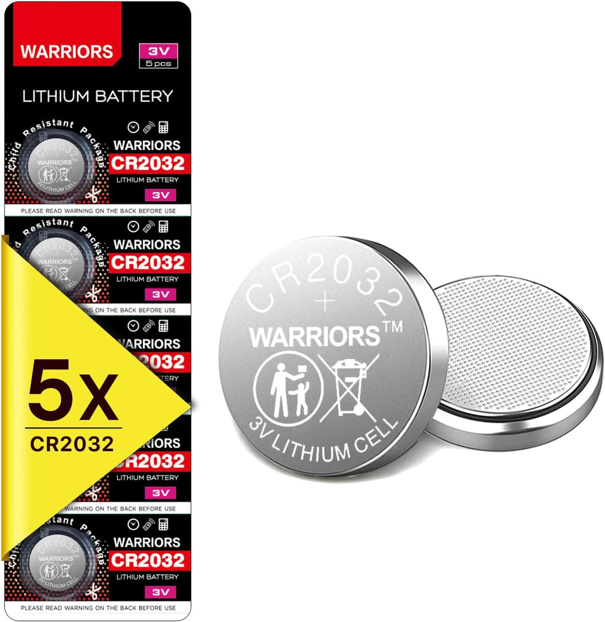 Warriors 5X CR2032 Batteries, 3V 240mAh Lithium Coin Batteries