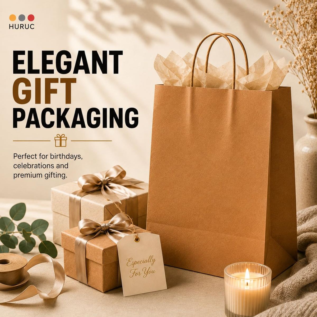 HURUC Brown Paper Bags with Handles 50 Pack Medium 130 GSM