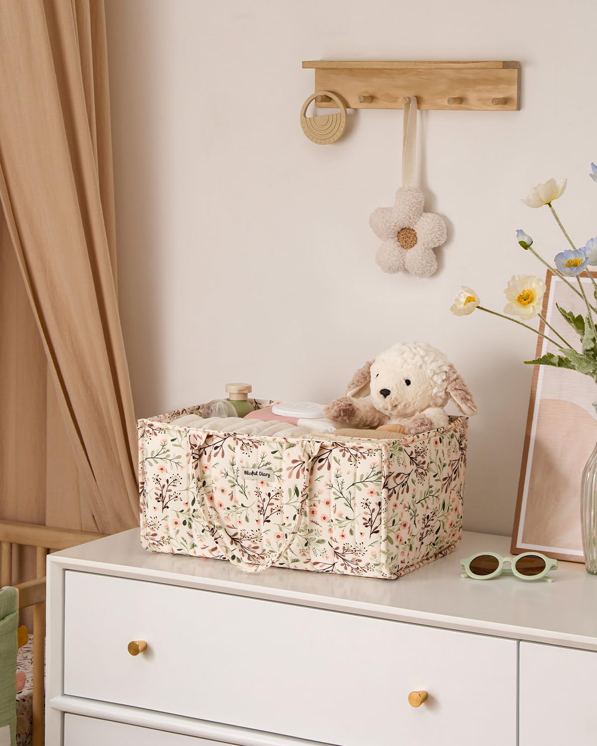 Blissful Diary Nappy Caddy Organiser, Baby Diaper Caddy for Nappy Station, Stylish Storage Basket for Newborn Essentials, Baby Shower Gifts for Girl or Boy, Woodland Cream