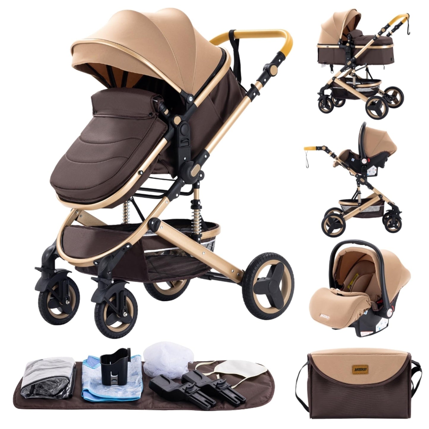 GLOKID 3 in 1 Prams Travel System, 0-4 Years, Foldable, Compact and Reclining Baby Pushchair, Aluminum Frame, Accessories, Nursery Bag (530 Red)