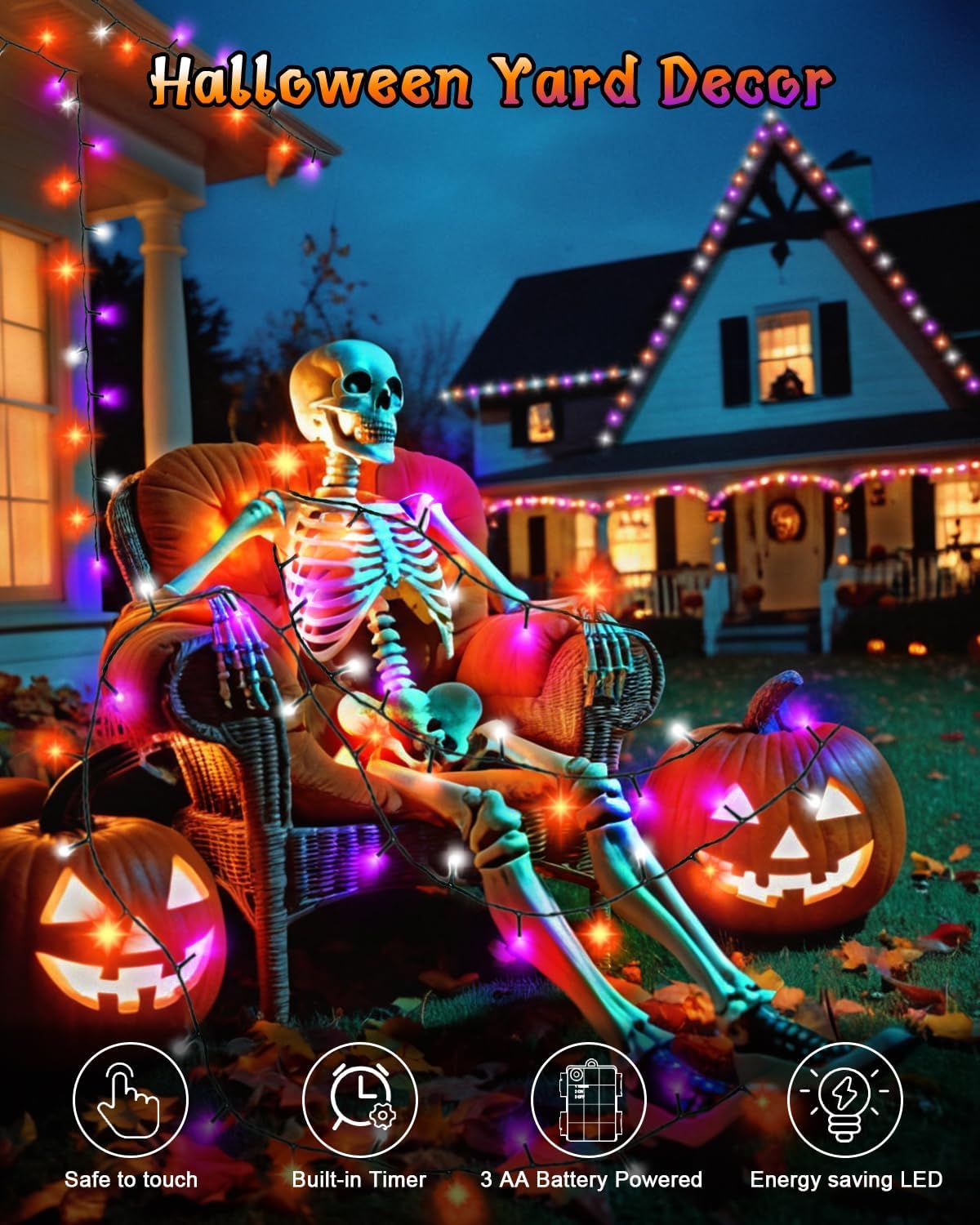 Dalugo Halloween Decoration Lights, 5M 50 LED Orange Purple White Fairy Lights with Timer, IP65 Waterproof Battery Powered Lights for Indoor Outdoor Autumn Halloween Decorations(Green Wire)