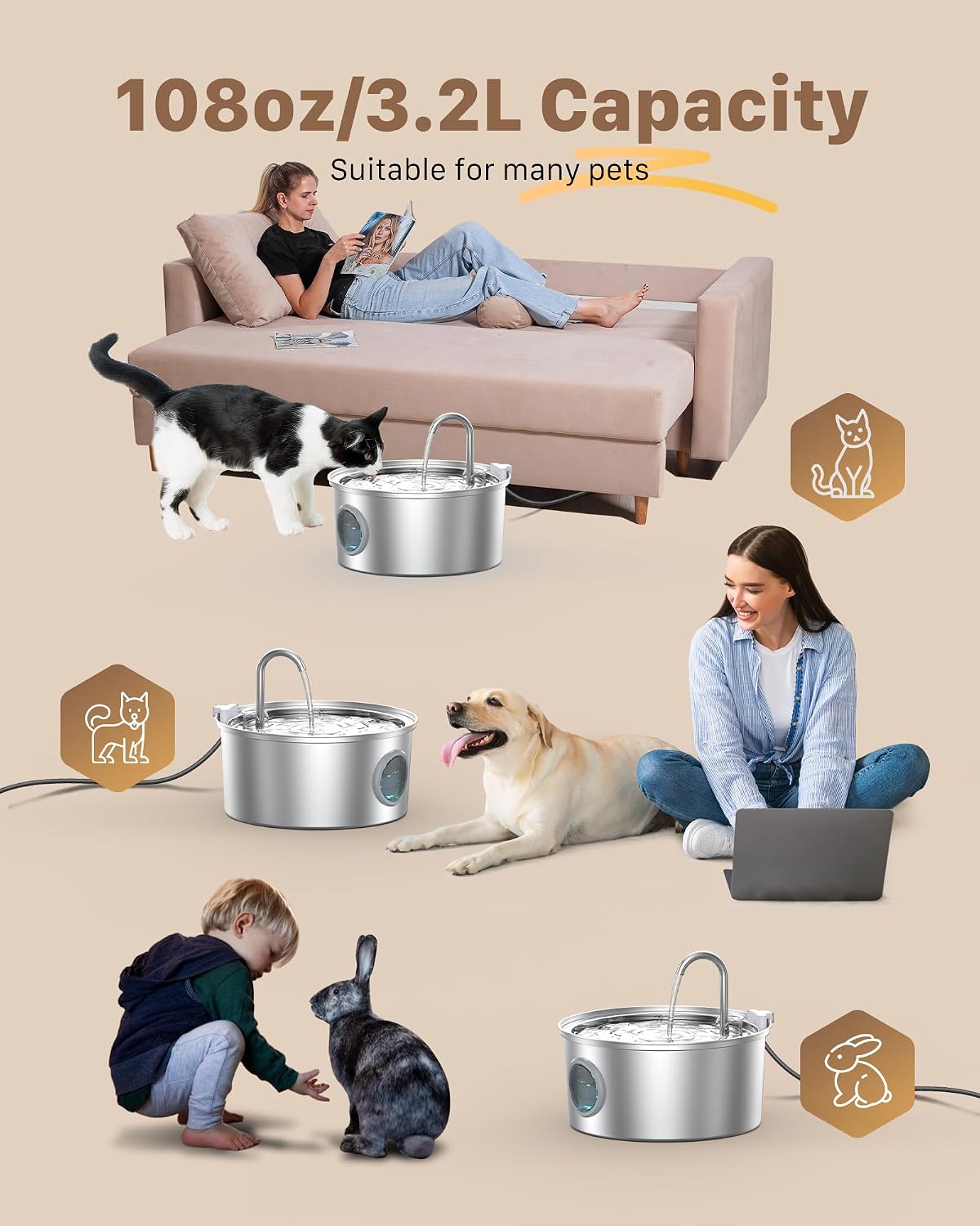 Cat Water Fountain Stainless Steel: Water Fountain Cat Bowl - 3.2L Drinking Fountains for Cats - Pet Water Dispenser - with 6 Carbon Filters + 3 Sponges