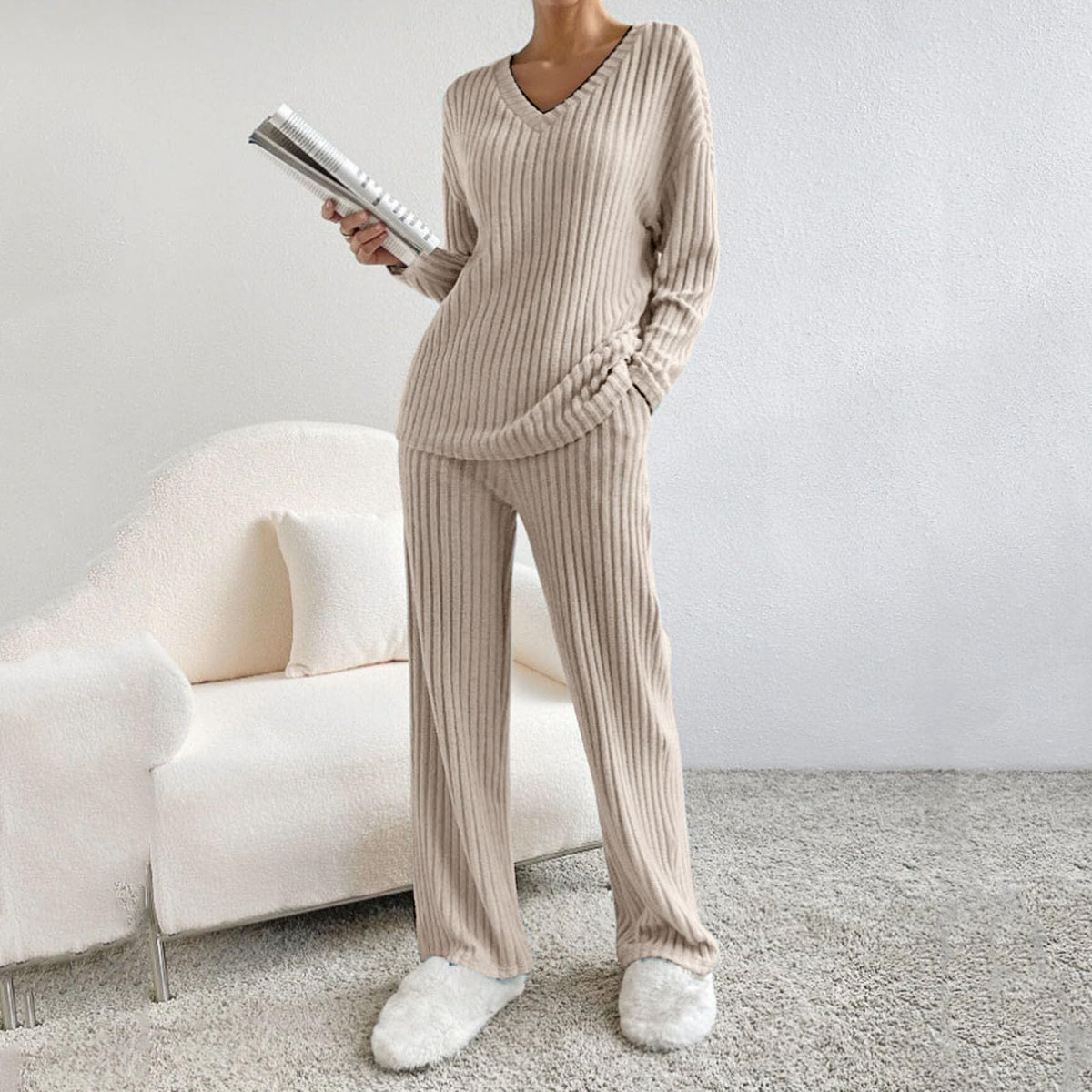 Lounge Wear Sets For Women Uk Womens Pyjamas Set Ladies Pyjamas Two Piece Outfit Fleece Tracksuits V-Neck Long Sleeve Jumpers And Wide Leg Trousers With Pockets Sleepwear Plain Casual Homewear