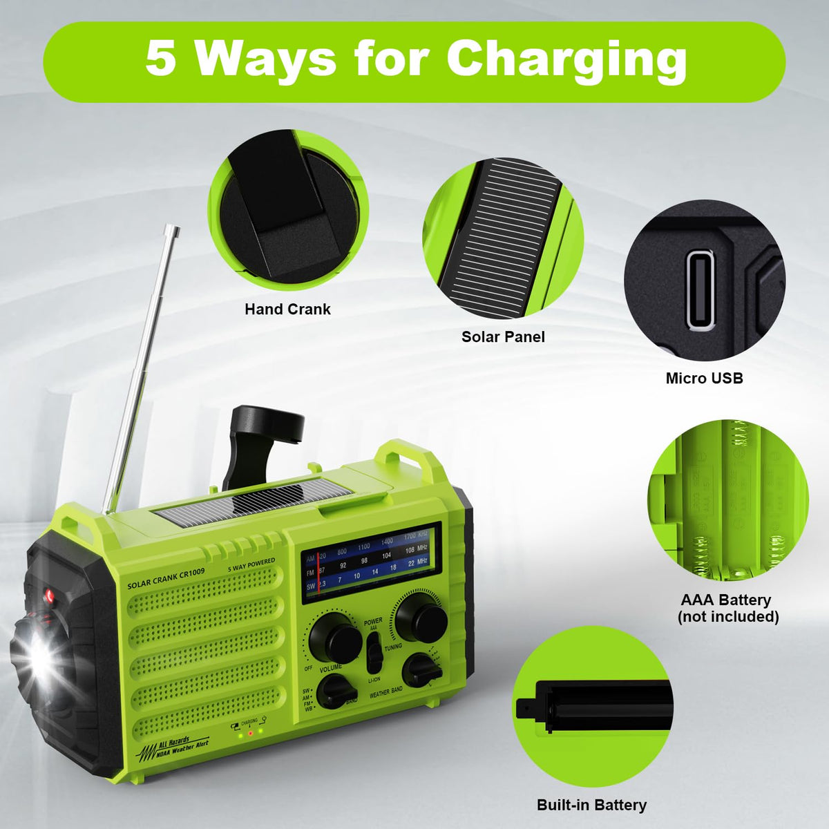 Mesqool Wind Up Radio Solar Powered, 5000mAh Emergency Hand Crank AM FM Radio with Flashlight, Reading Lamp, USB Phone Charger, SOS Alarm and Compass