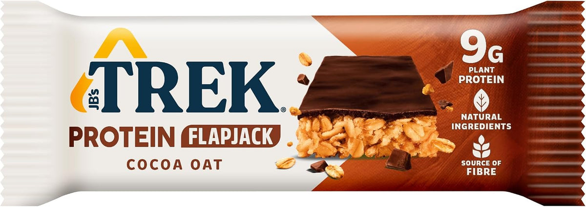 Trek High Protein Flapjack Cocoa Oat, 50 g - Gluten Free Bars – Healthy Snack Bars – Plant Based Protein - Vegan Bars (Pack of 16 Bars) | L0572375-P107199021-M107199013