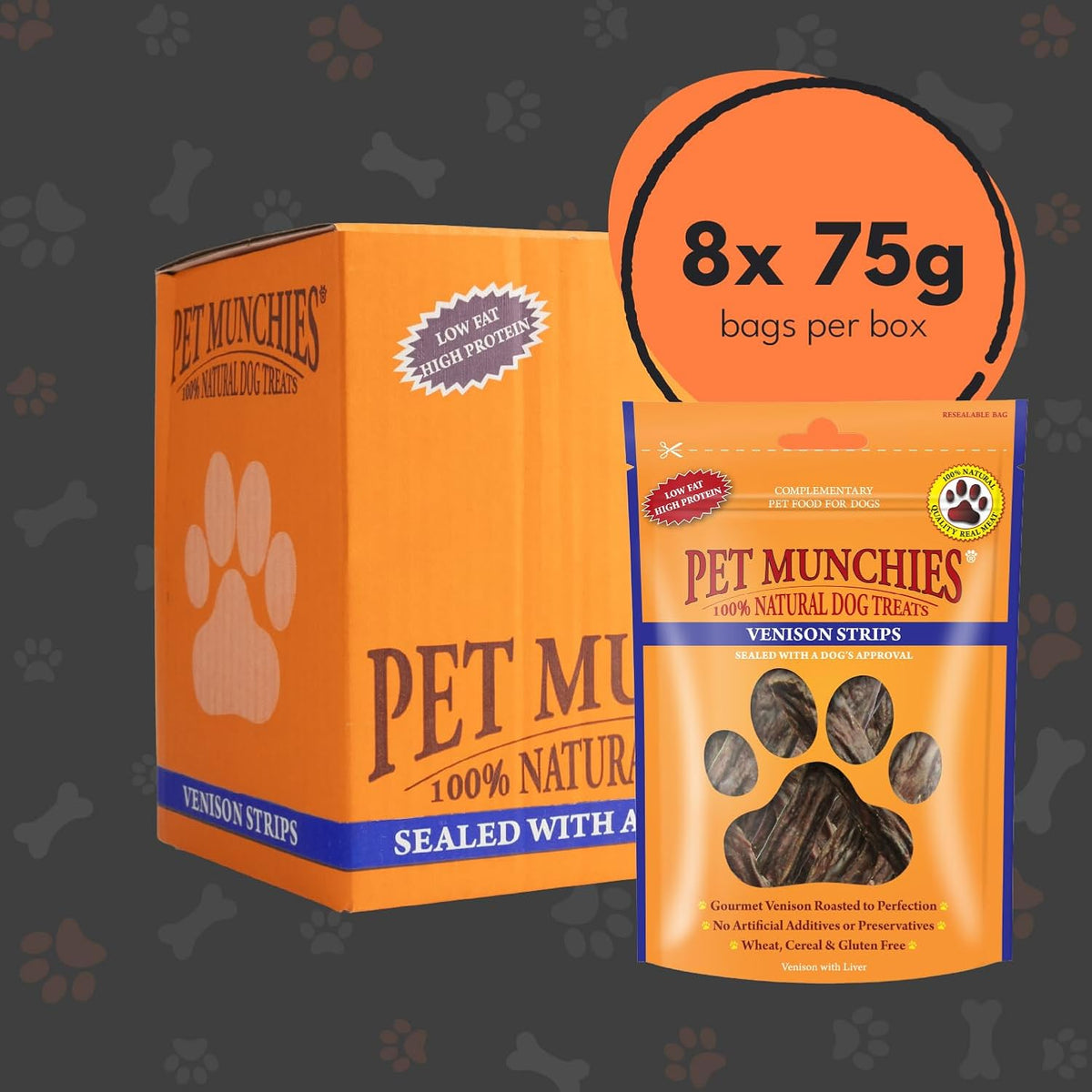 Pet Munchies Venison Strips Dog Treats, Premium Wheat Free Dog Chews with Natural Real Meat, Low in Fat and High in Protein 75g (Pack of 8)