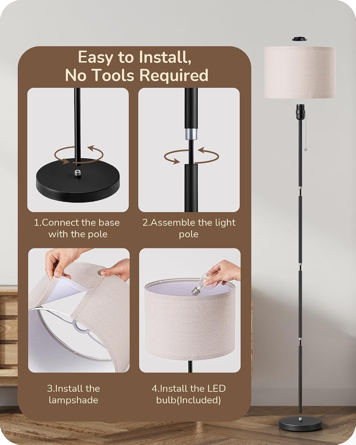 EDISHINE 57'' Modern Floor Lamp with Linen Shade, 2700K LED Bulb Included