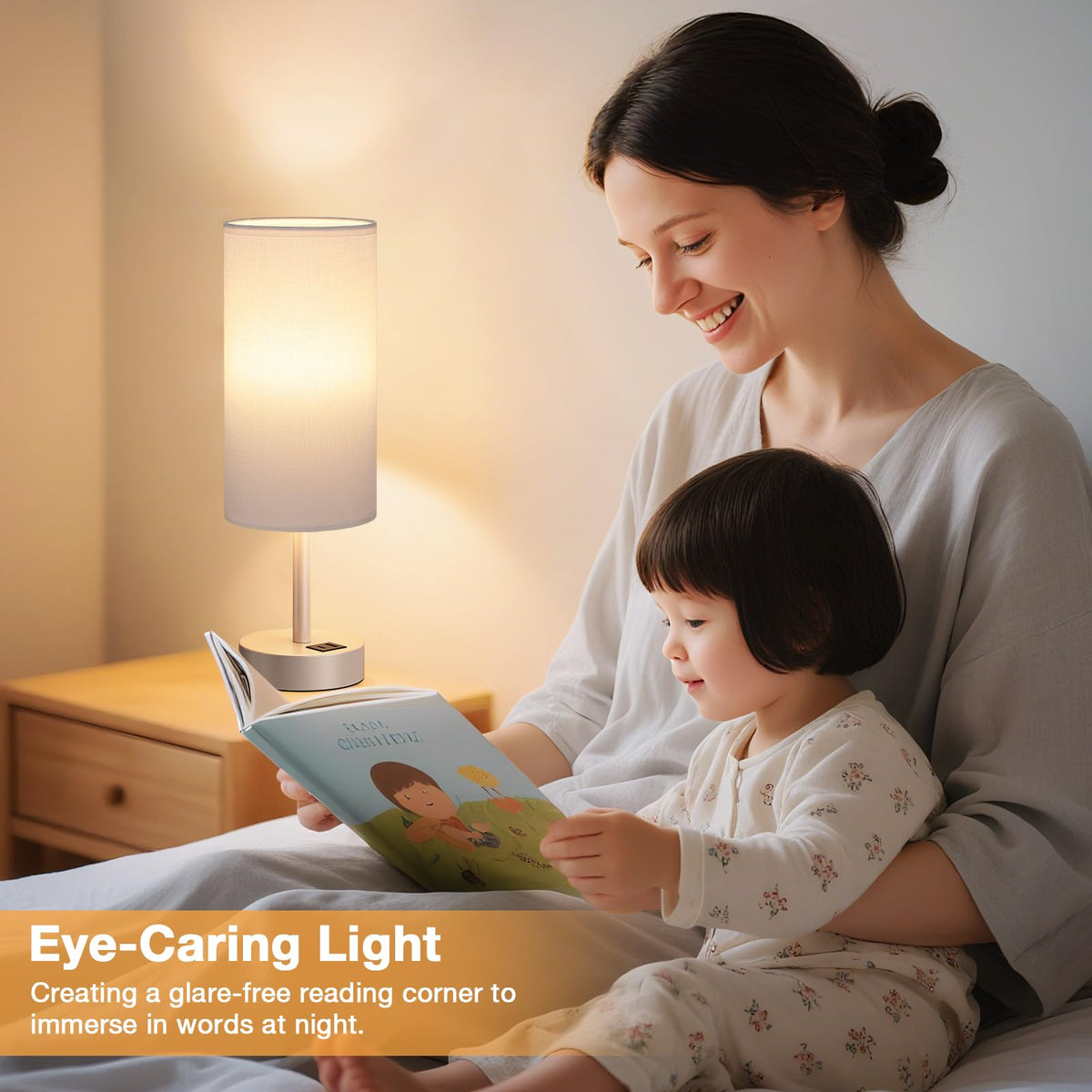 Aooshine Grey Table Lamp, 3-Way Dimmable, USB A + C Charging