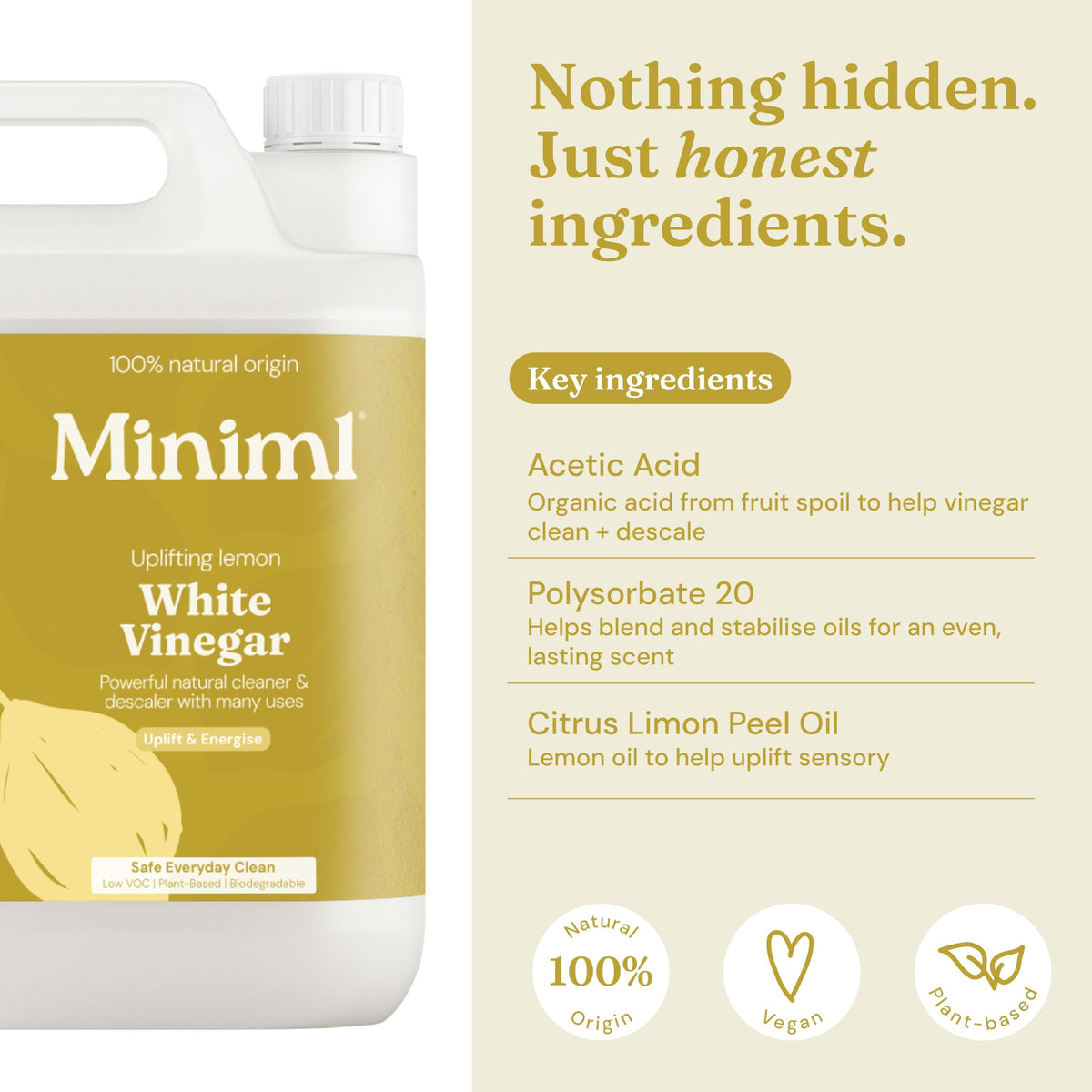Miniml Eco White Vinegar Cleaning Unscented 750ml - All Natural Multi-Surface & Multi-Purpose Cleaner, Limescale Remover, Laundry Softener & More - 100% Vegan & Cruelty Free