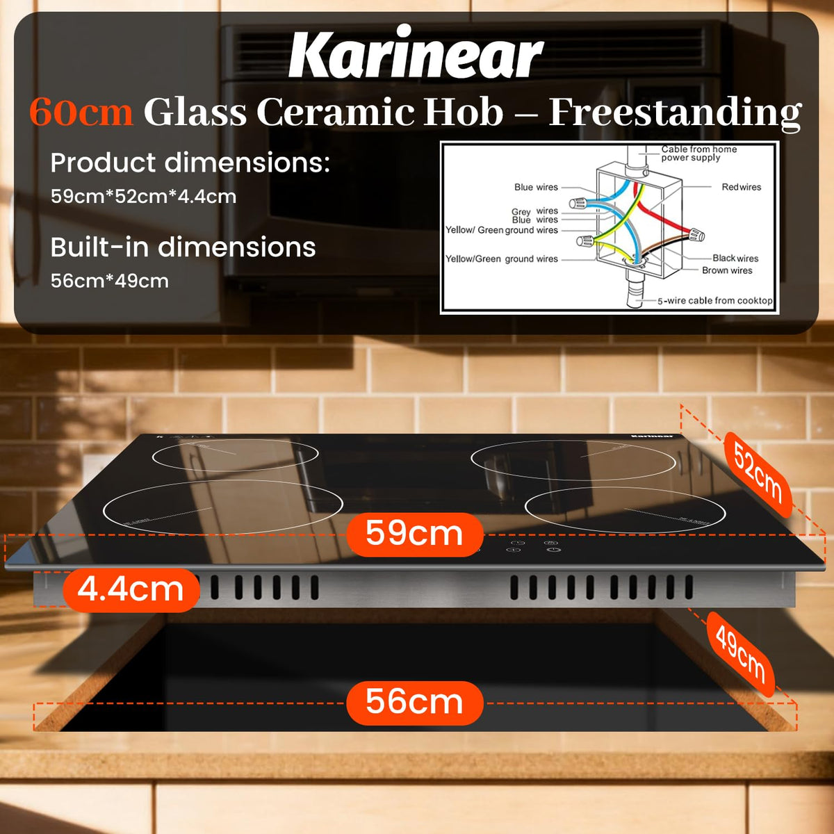 Karinear Electric Ceramic Hob 60cm 4 Zones with Built-in Extractor Hood