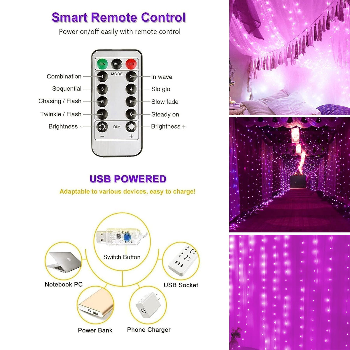 Lezonic Curtain Fairy Lights, 3m×3m 300LED Curtain String Lights Plug in