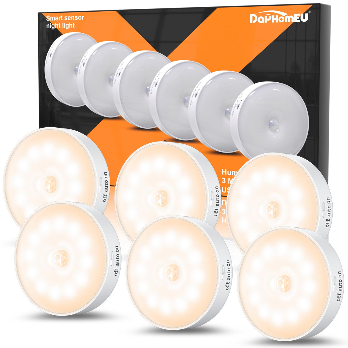 daphomeu Motion Sensor Lights Indoor,6 Pack Wireless USB Rechargeable Cupboard Lights,Stick on Wall Night Light,Battery Operated for Stair Wardrobe Corridors Closet Under Cabinet Kitchen Puck Lights