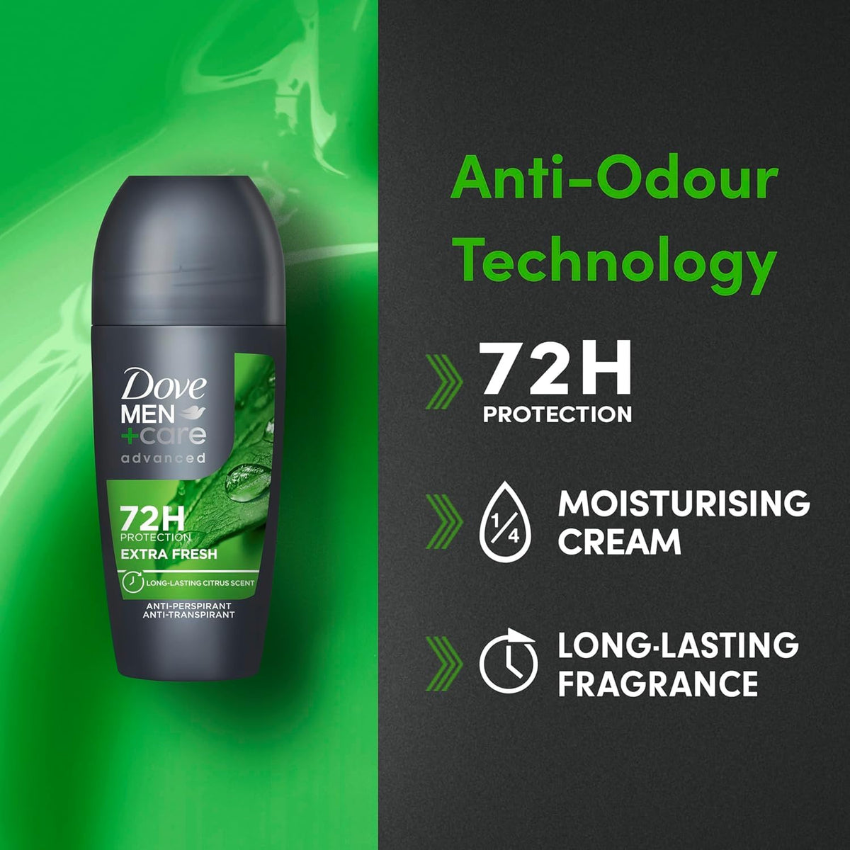 Dove Advanced Extra Fresh Antiperspirant Deodorant Roll On deodorant for men with Triple Action Technology for 72h sweat & odour protection 50 ml (Pack of 2)
