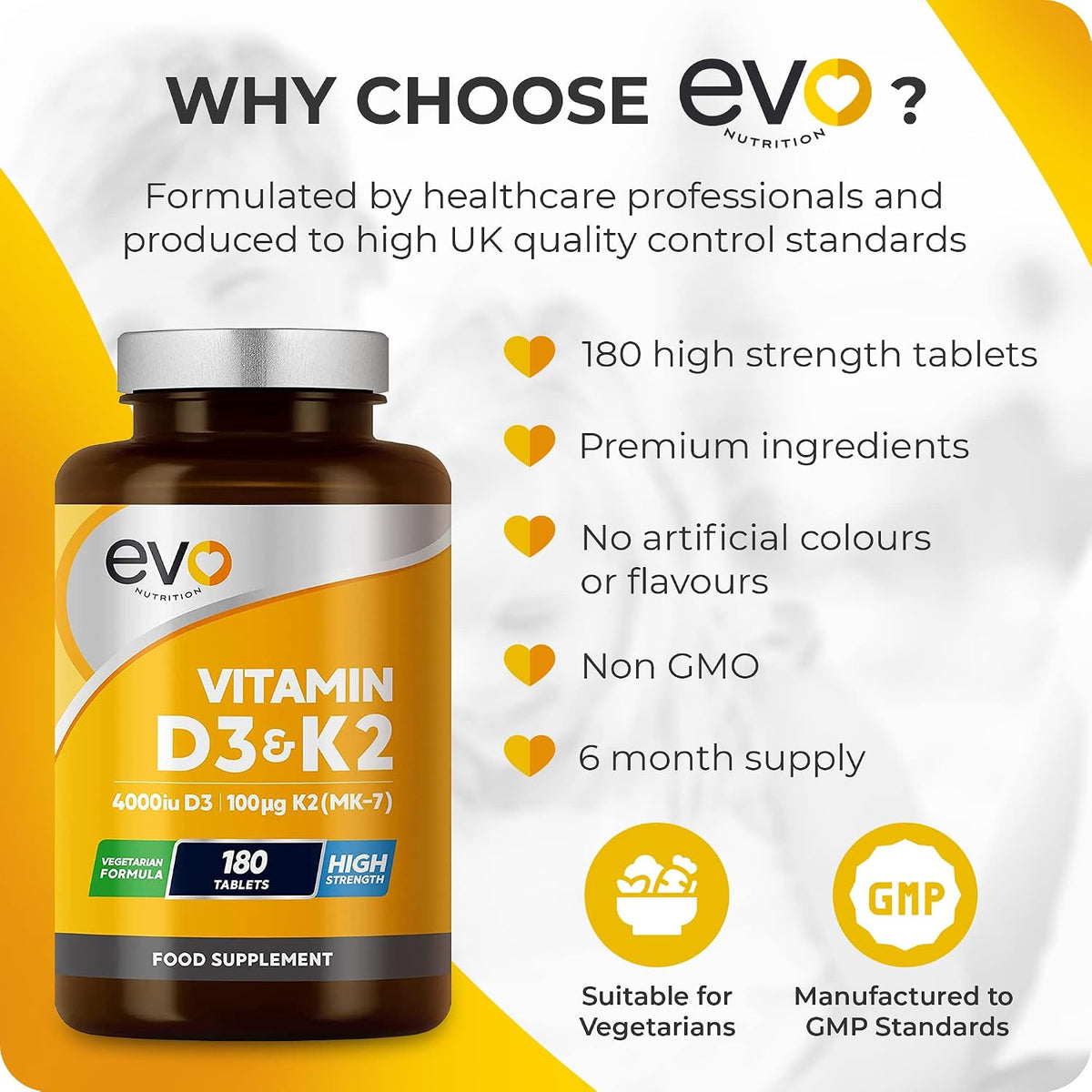 EVO Nutrition Vitamin D3 4000IU & K2 100mcg MK7, 180 Vegetarian Tablets