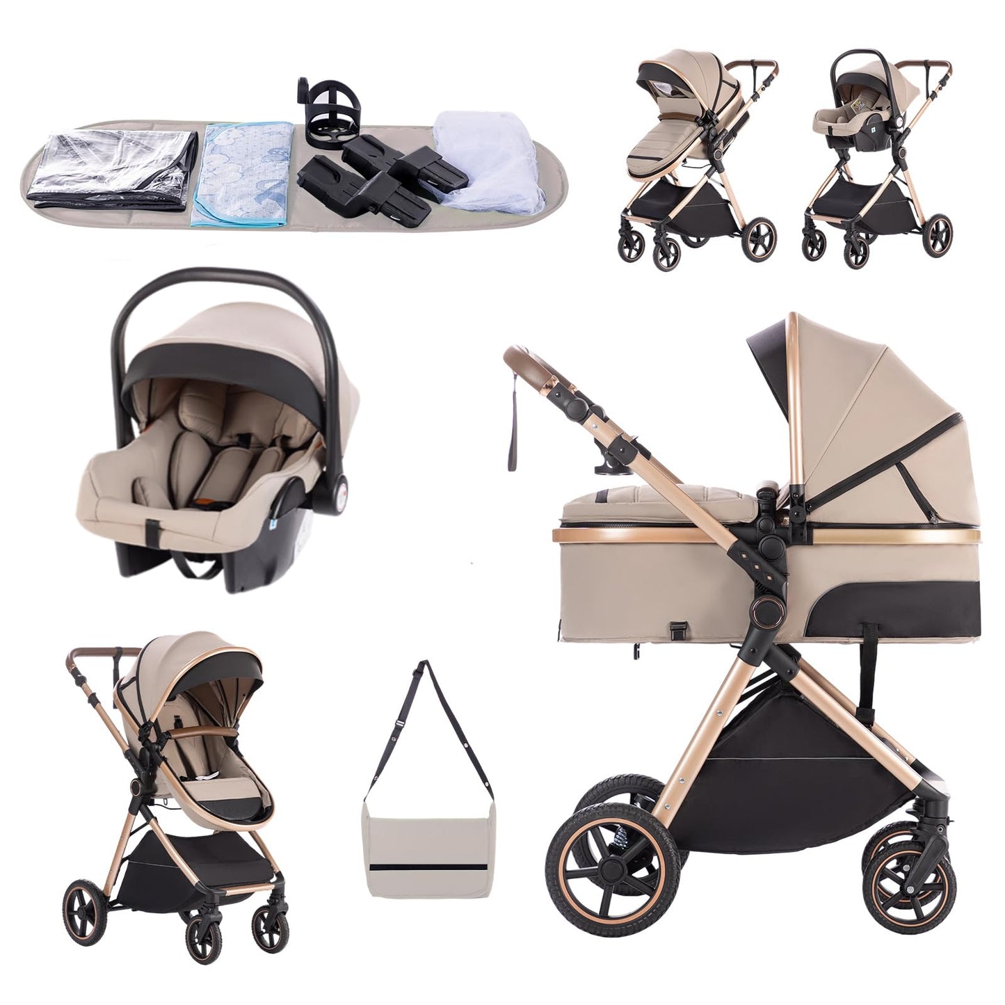 Zkipm Baby Pram 3 in 1, Foldable Baby Stroller,Pram Set Travel with Adjustable-Height Push Handle, Present Rain Cover, Mosquito Net, Bag, Cooling Mat, ect for Ages 0–3
