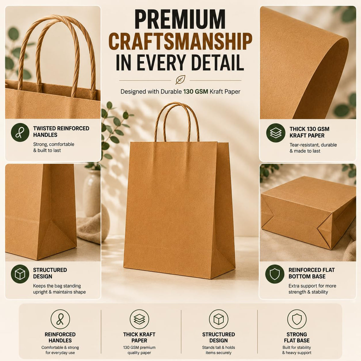 HURUC Brown Paper Bags with Handles 50 Pack Medium 130 GSM