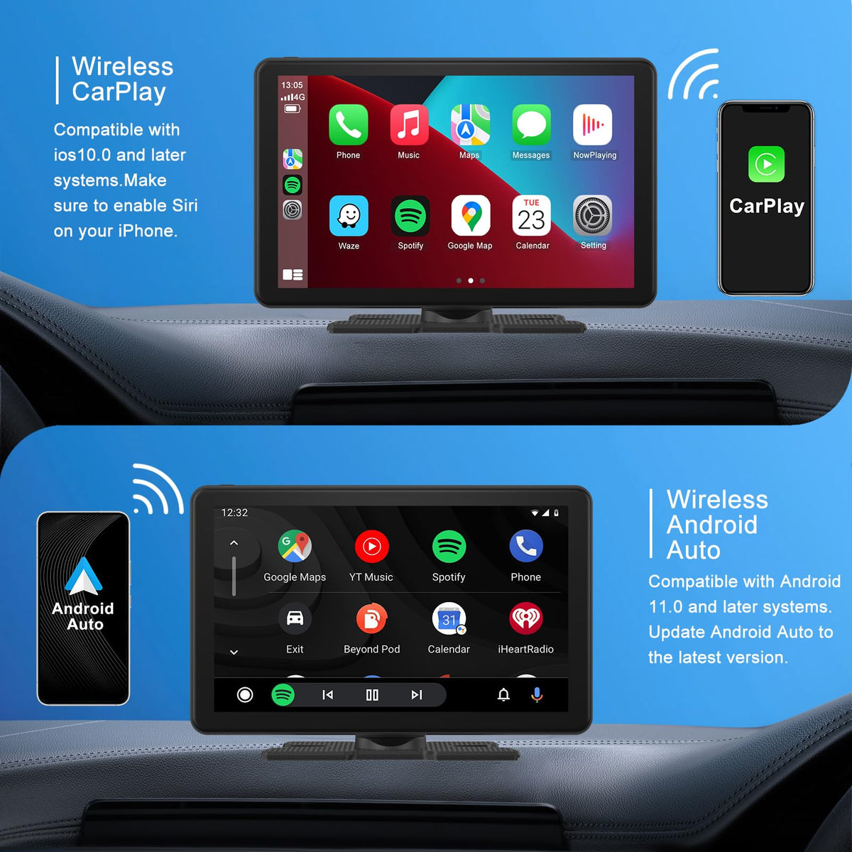 Wireless CarPlay Android Auto Screen, Car Stereo for CarPlay 7" HD Touch Screen Portable Navigation AirPlay Video Music Player Bluetooth WiFi, Voice Control, Mirror Link