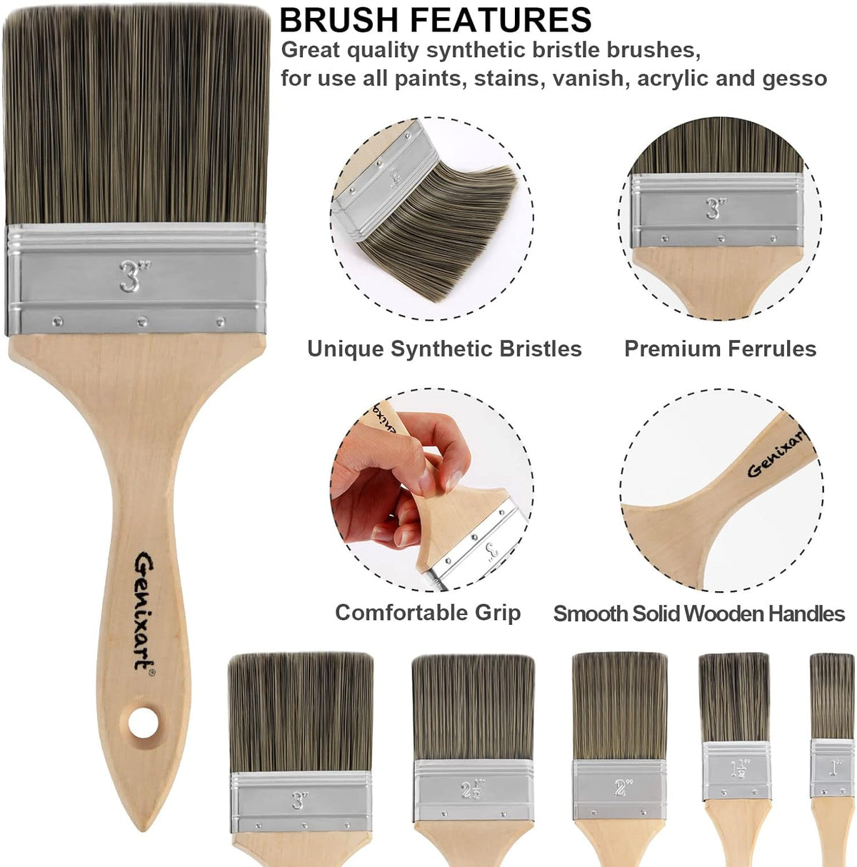 Genixart Double Thick Chip Paint Brush Set, Wood Fence Stain Brush, 3 Inch