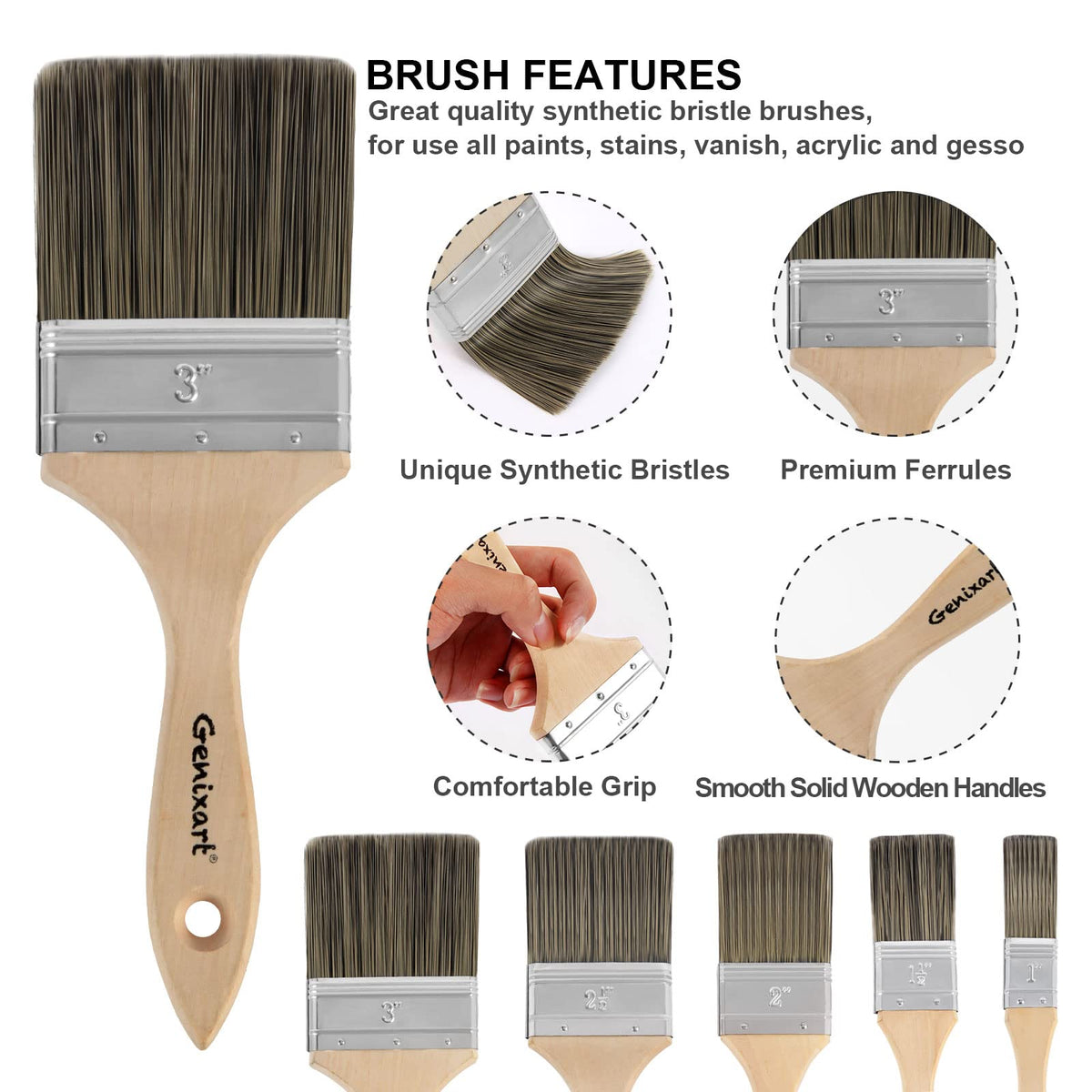 Genixart Double Thick Chip Paint Brush Set, Wood Fence Stain Brush, 3 Inch