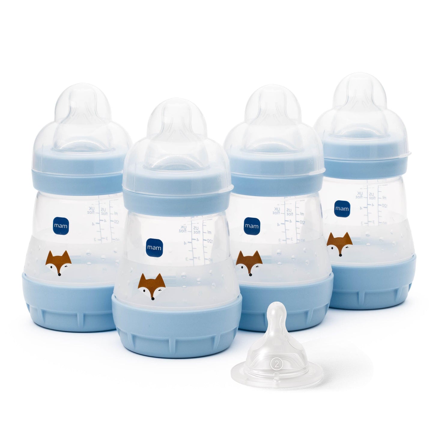 MAM Easy Start Anti-Colic Baby Bottles | 4 Pack (4X 160ml) | Self-Sterilising Baby Milk Bottle | Slow Flow MAM Teats Size 1 + 1x Medium Flow Teat Size 2 | Linen (Various Designs)