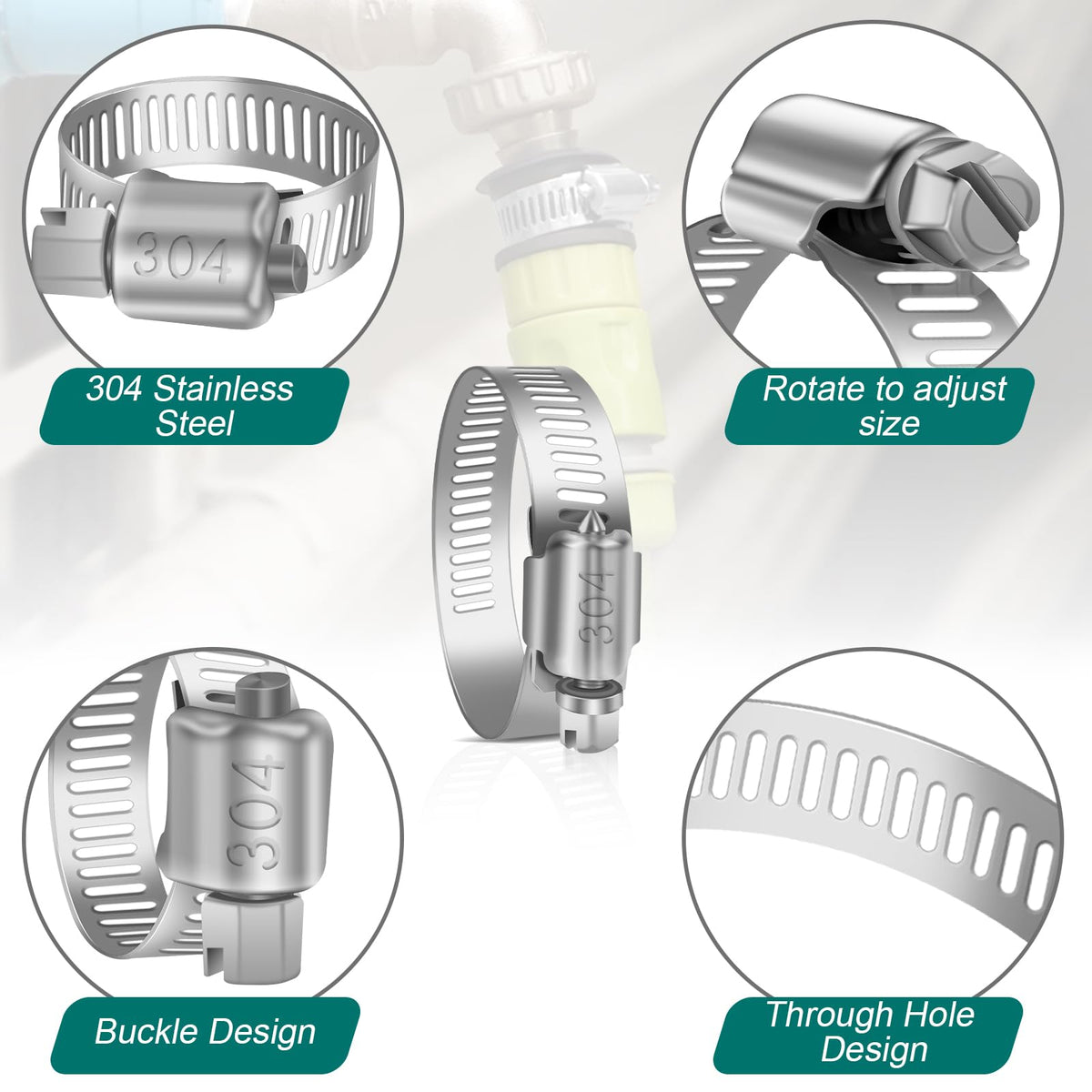 Hose Clips 141-165mm, 4 Pcs Hose Pipe Clips Stainless Steel 304