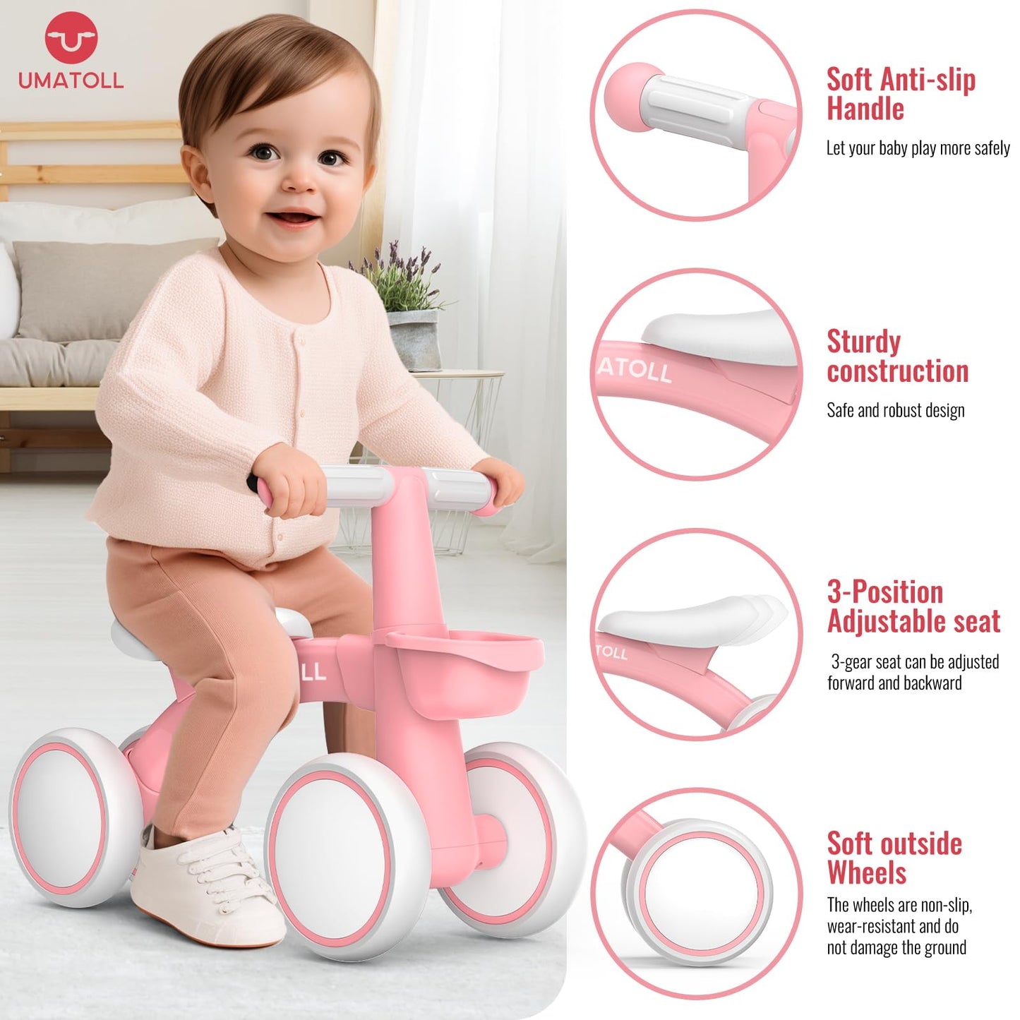 Umatoll Baby Balance Bike for 1 Year Old Boys Girls, 12-24 Months Toddler Balance Bike with Removable Basket, Adjustable Seat, 4 Wheels Infant Bike, First Birthday Gift