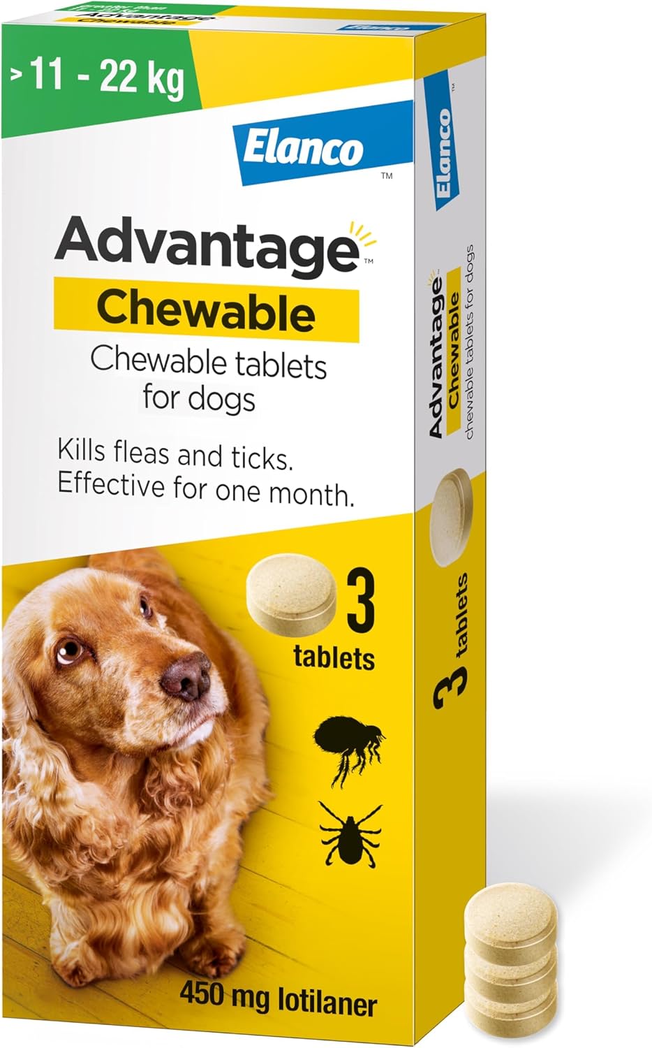 Advantage Chewable 450mg Chewable Tablets for Dogs >11 - 22kg (3 pack), Flea and Tick Treatment, Fast Acting Kills Fleas Within Hours, Prevention Lasts For A Month, Easy To Administer