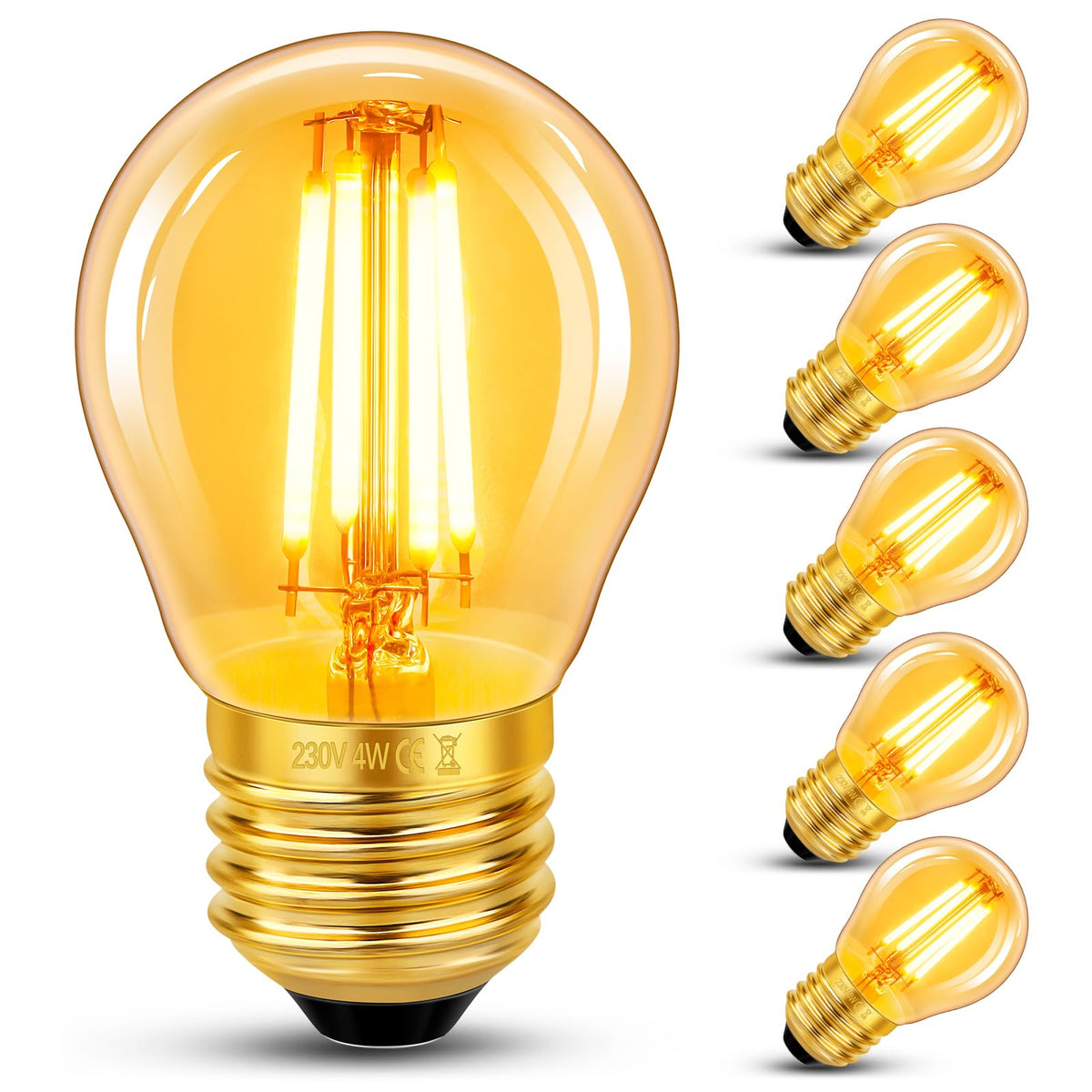 Caldarax Vintage Light Bulb E27 Edison Screw Bulb, 2W LED Filament Equivalent 20 Watt, Antique Style Retro Amber Glass 2200K Warm White, 200LM, AC 220V, Non-dimmable, Golf Ball G45 Bulb, 2 Packs