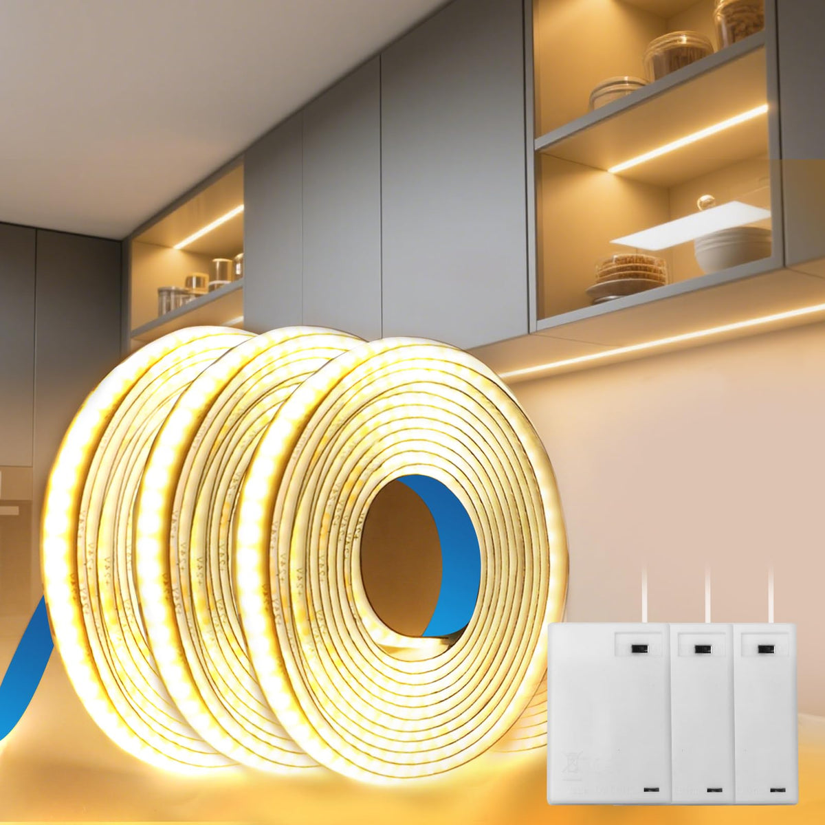 BAGZY Battery LED Strip Light COB 2M 5V Battery Powered LED Strip Tape Lights Cool White 6000K Self Adhesive Flexible Uniform Dotless Cuttable 320LEDs/M for Kitchen Mirror Bedroom Cabinet Decor
