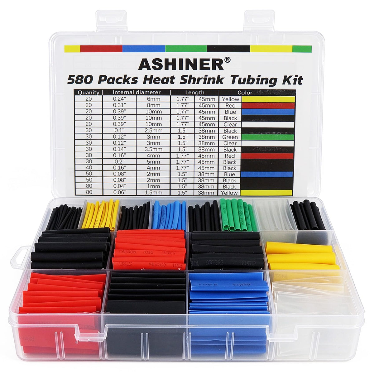 ASHINER Clear Heat Shrink Tubing Kit - 580Pcs EVA Material in 11 Sizes - Ideal for Electrical Insulation, Repairs, and Wire Connectors with User-Friendly Design and Storage Case